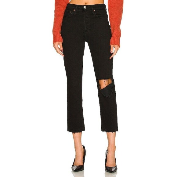 RE/DONE womens Original 70s Stove Pipe Jeans sz 24 Black Ripped Button Fly 24x26 - Picture 1 of 11